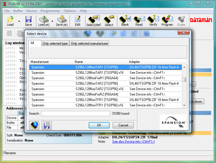 Dataman 48Pro4C software (PG4UW). Device selection window.