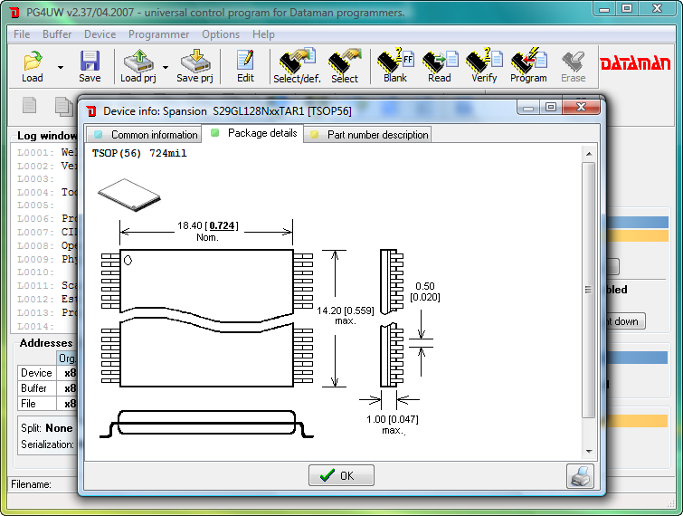 Dataman 48Pro4 software (PG4UW). Device information window.