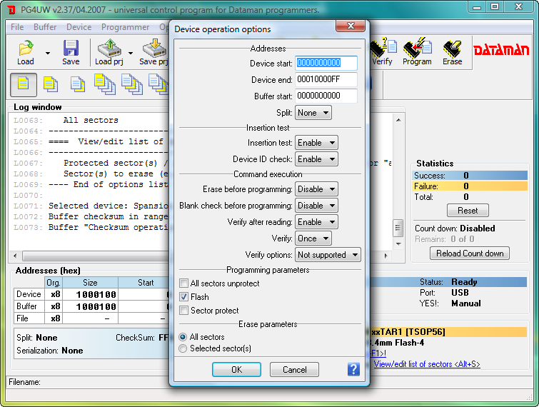 Dataman 48Pro4 software (PG4UW). Device operation options window.