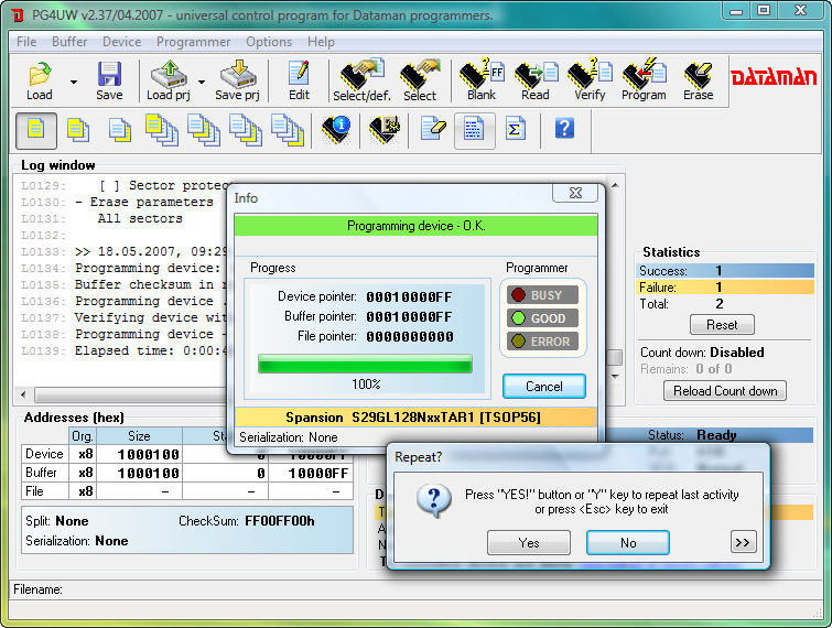 Dataman 48Pro4 software (PG4UW). Device programming and verification window.