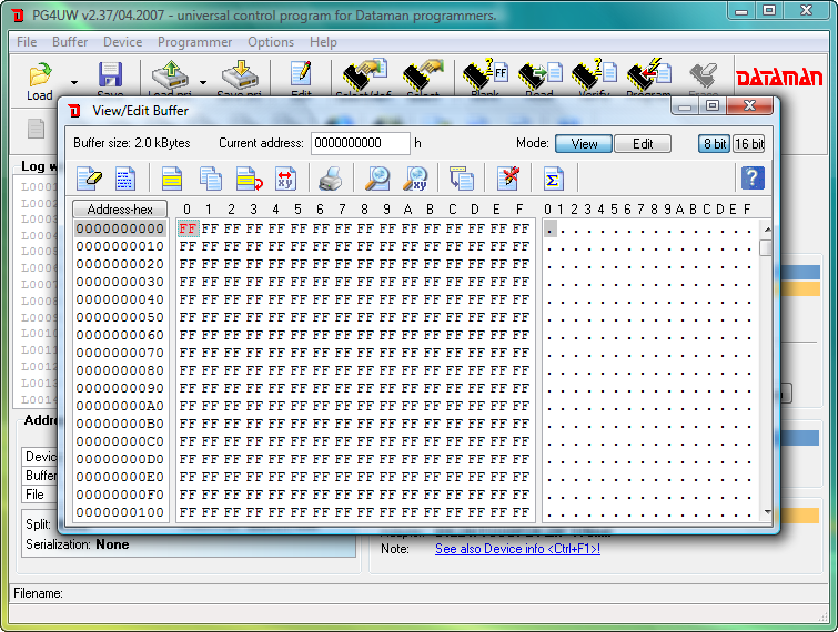 Dataman 48Pro4 software (PG4UW). View and edit buffer memory window.