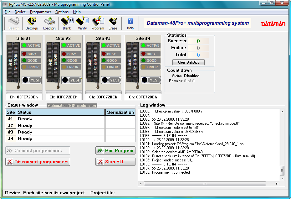 Dataman 48Pro4C Gang software (PG4UWMC). Sites connected and ready window.