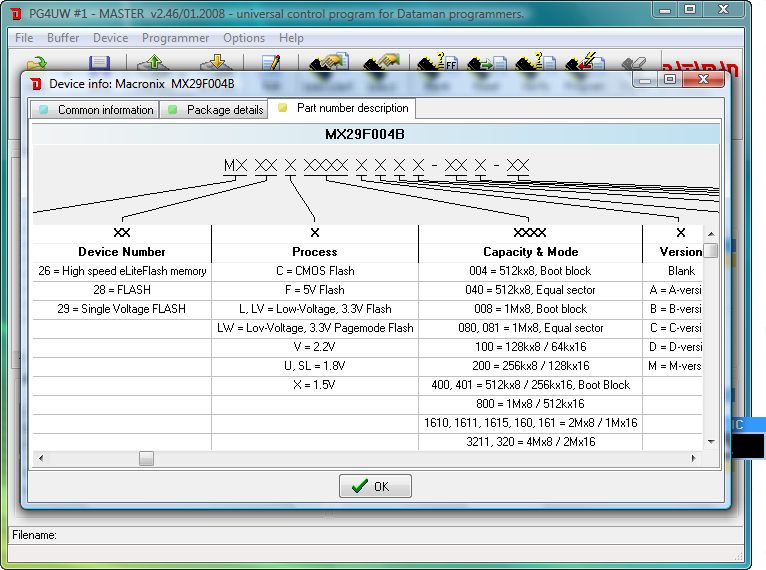 Dataman 48Pro4 Gang software (PG4UW). Development environment device information window.