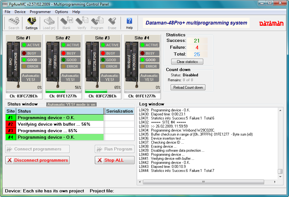 Dataman 48Pro4 Gang software (PG4UWMC). Device programming and verification window.