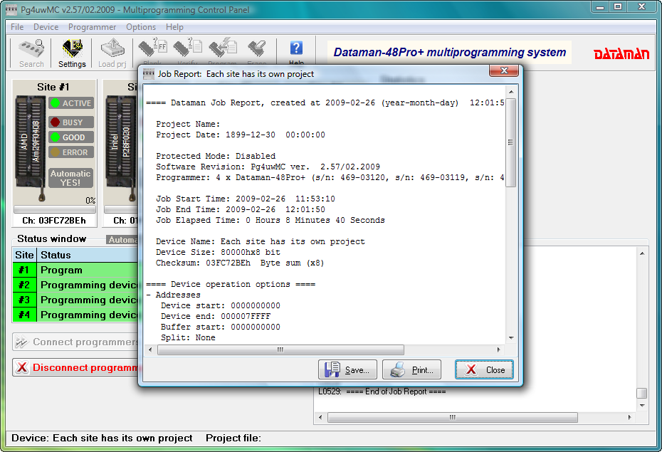Dataman 48Pro4 Gang software (PG4UWMC). Job report window.