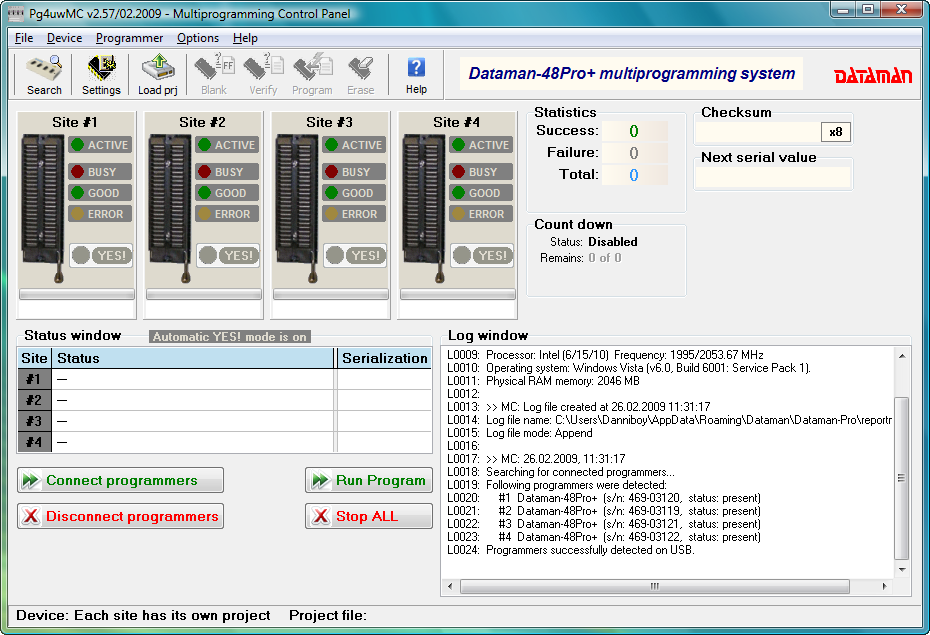 Dataman 48Pro4 Gang software (PG4UWMC). Production environment main window.
