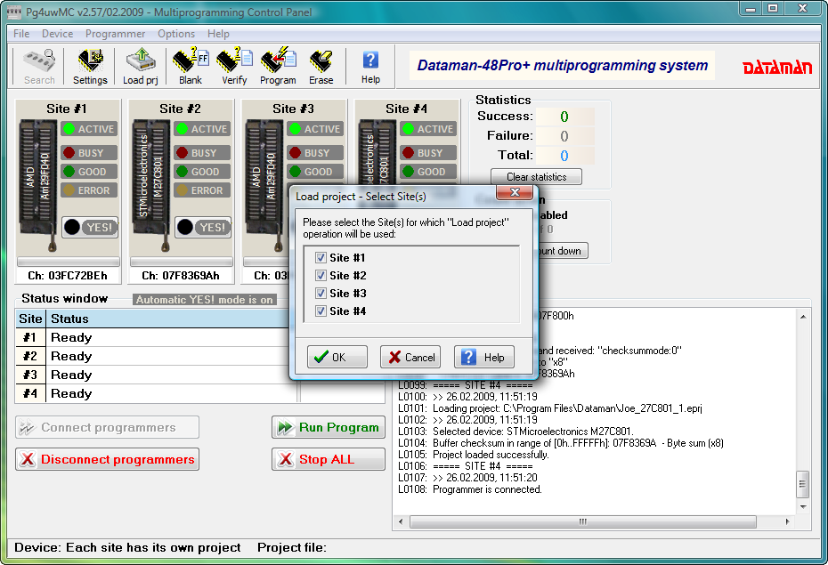 Dataman 48Pro4 Gang software (PG4UWMC). Load project for sites window.